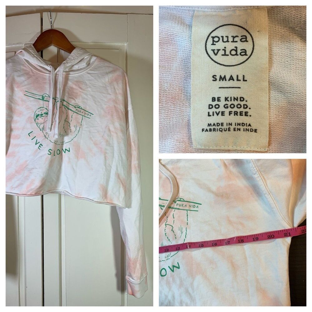 Pura Vida Sloth Hoodie Womens Small DIY Crop Top‎ Live Slow Coastal Sweatshirt